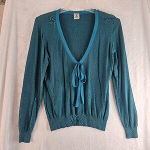 Virginia Taylor Teal Blue Sweater V-Neck Size L Long Sleeve Silk Cotton Pullover